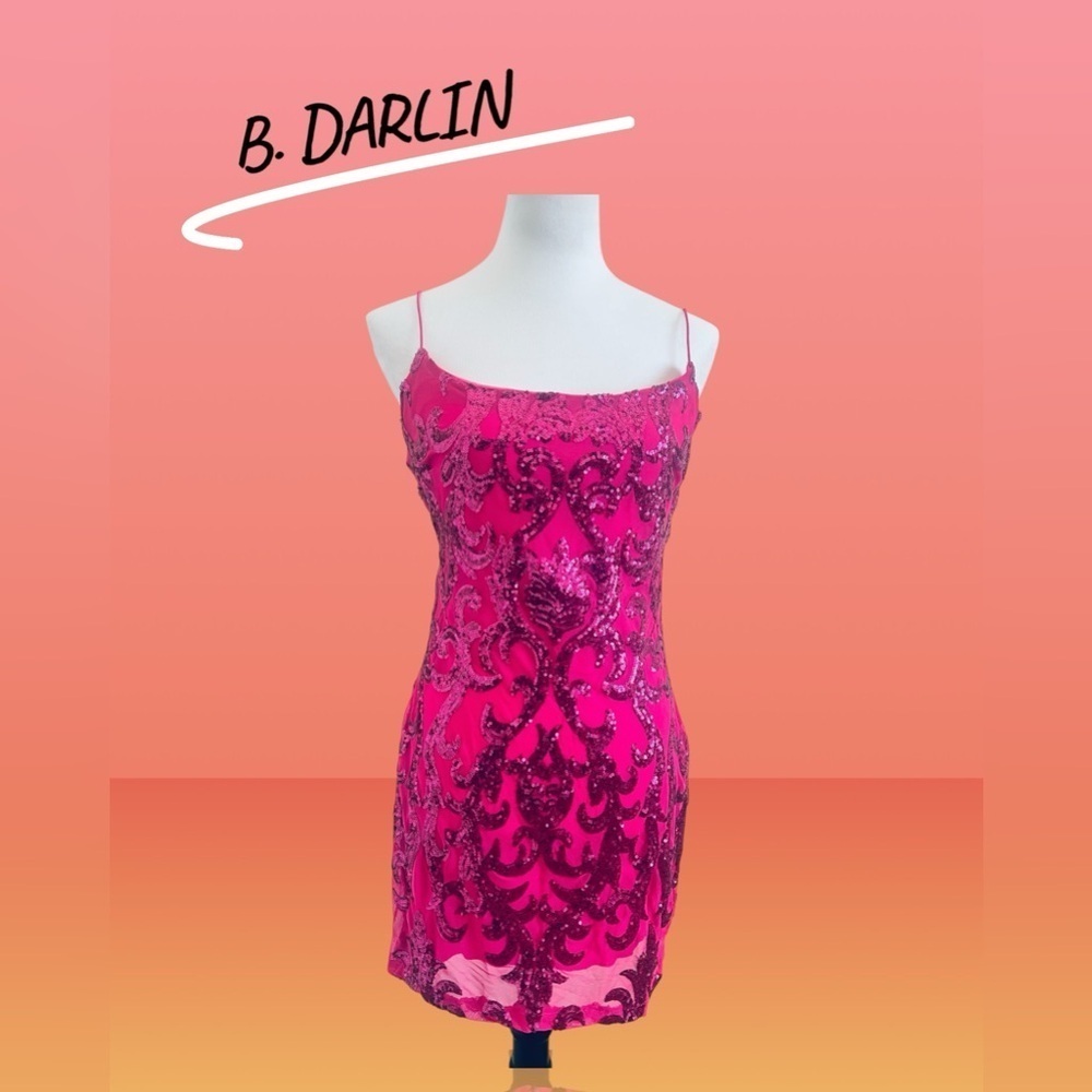 B Darlin Pink sequined Bodycon Dress with Spaghetti Straps for Prom
